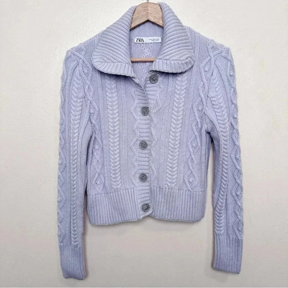 Zara Womens Medium Cable Lilac Silver  Thread Cropped Cardigan - Picture 2 of 14